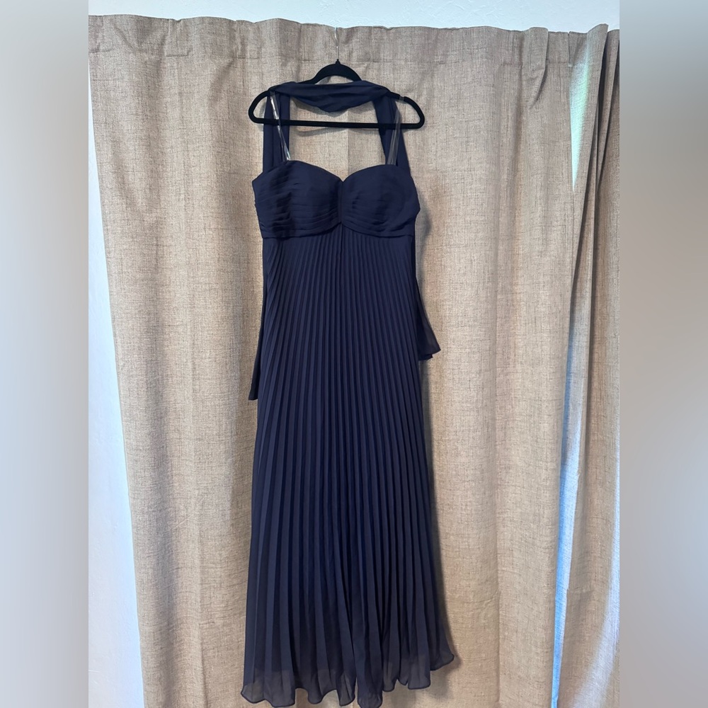 Women's Navy Halter Pleated Evening Dress